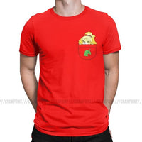 Pocket Isabelle New Leaf T Shirts for Men Cotton Vintage T-Shirt Animal Crossing Video Games Tees Short Sleeve Clothes Party